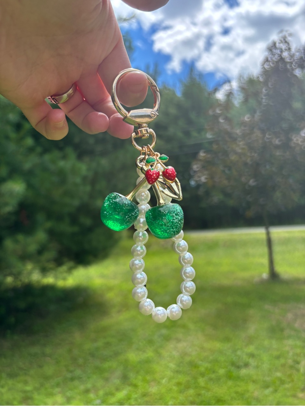 Pearl Beaded Wristlet Keychain with Green Glitter Cherry Charm - Picture 5 of 10